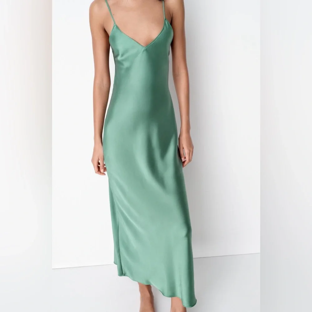Zara Emerald Green Maxi Dress Satin Slip Wedding Evening Party - Picture 6 of 13